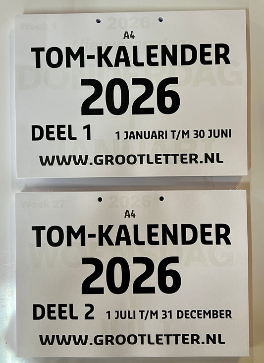 A4 TOM kalender met grote letters en cijfers 2026