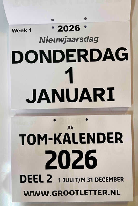A4 TOM kalender met grote letters en cijfers 2026