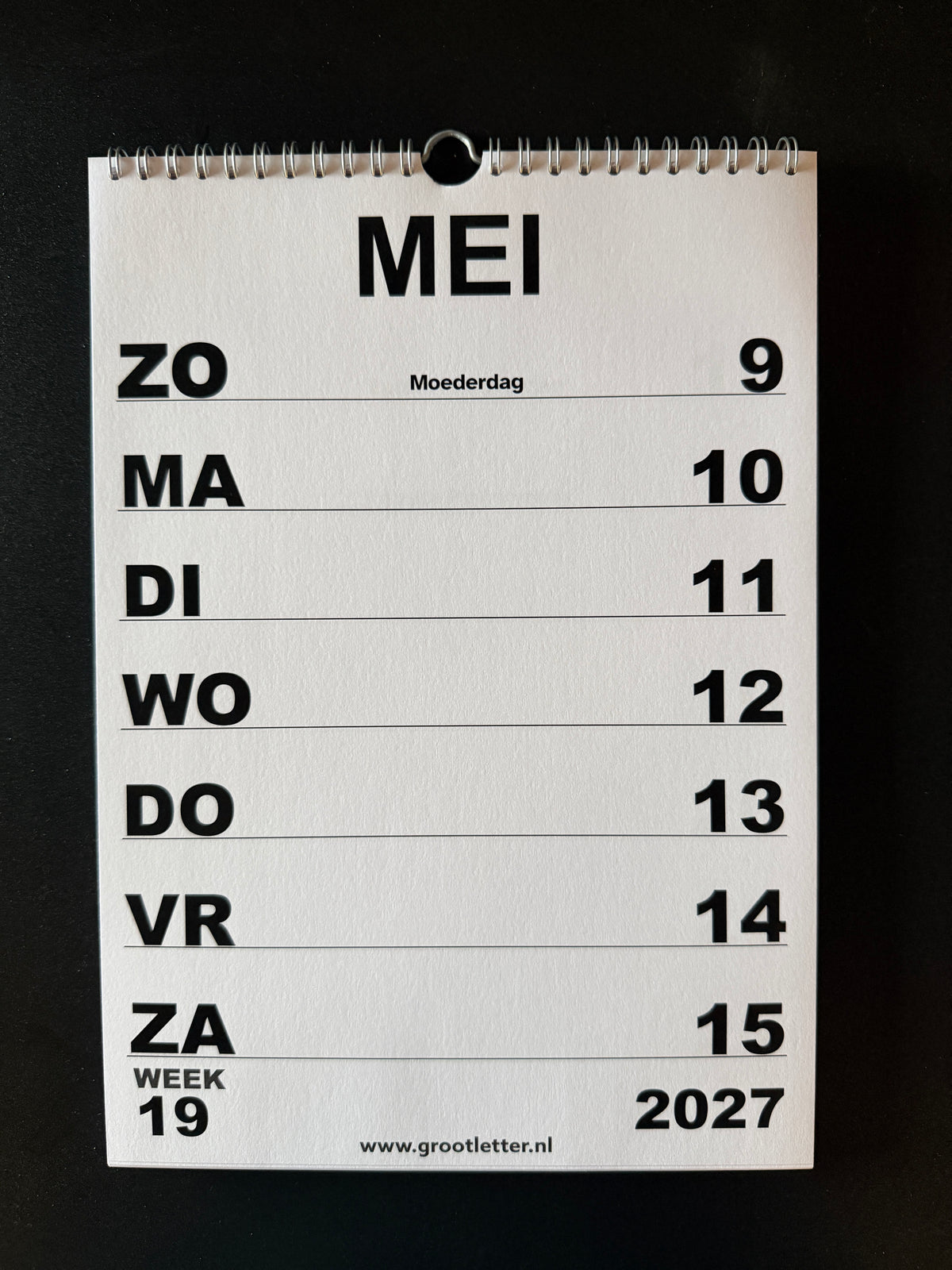 A4 Grootletter Weekkalender 2027 Zondag - Zaterdag