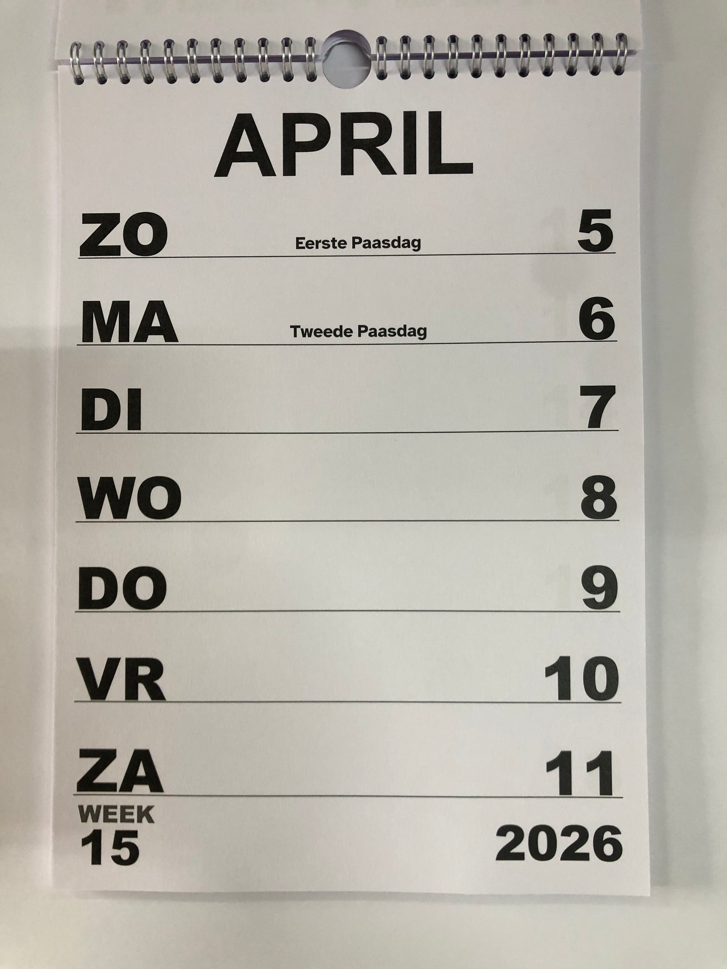 A4 Grootletter Weekkalender Zondag - Zaterdag 2025 en 2026