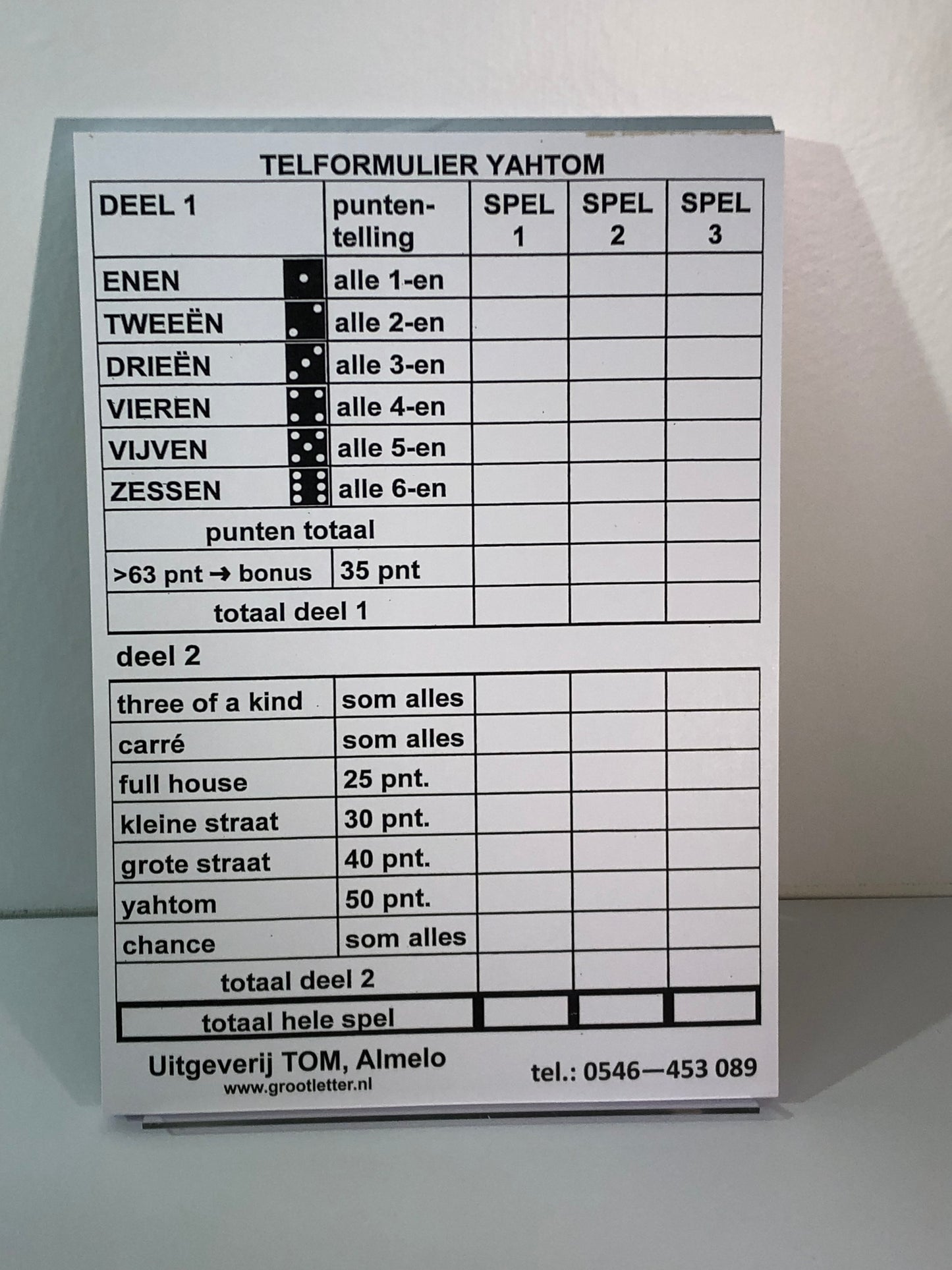 YahTom Extra groot formaat scoreblok Yahtzee