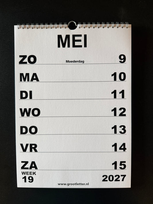 A4 Grootletter Weekkalender 2027 Zondag - Zaterdag