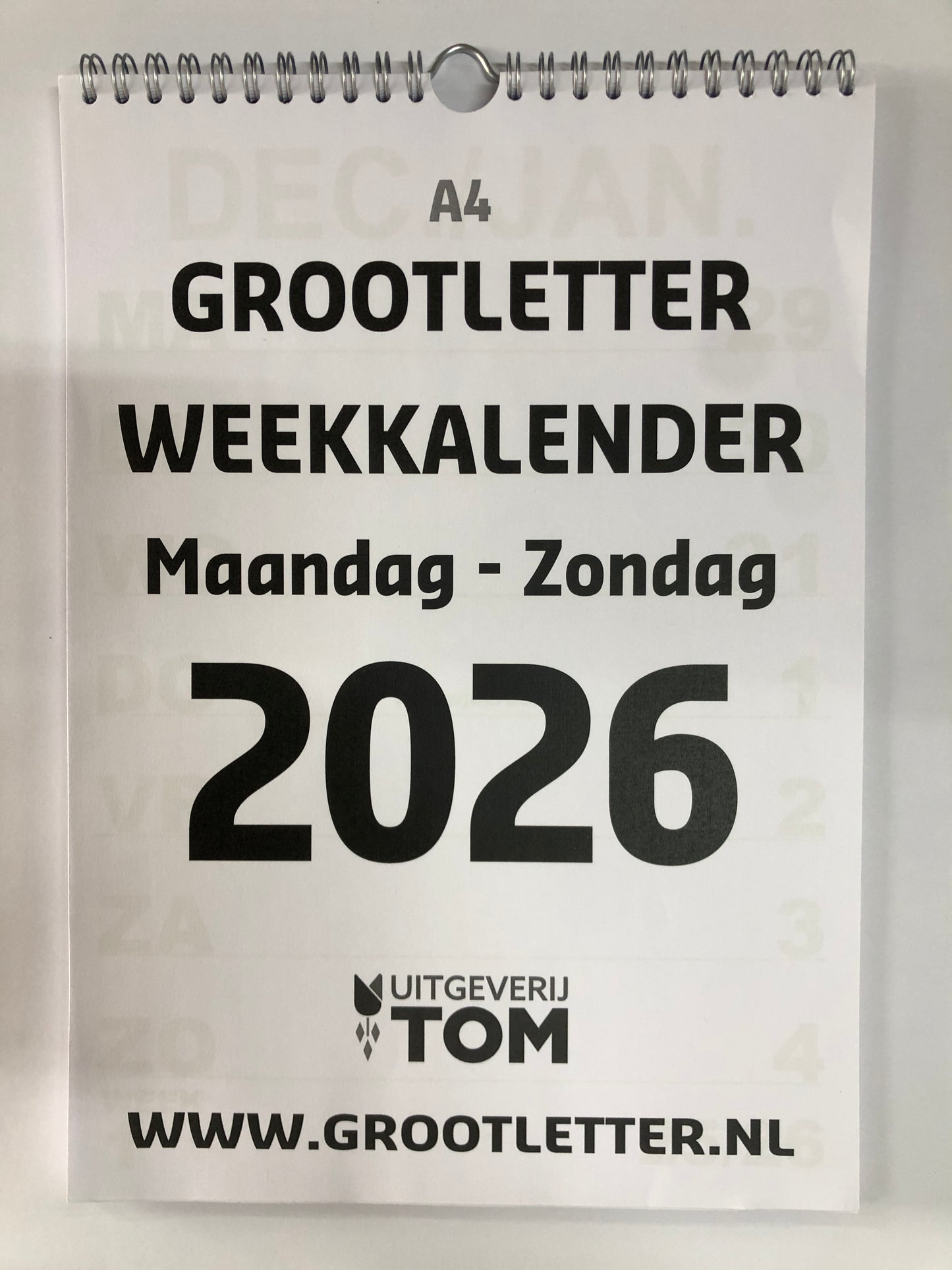 A4 Grootletter Weekkalender Maandag - Zondag 2025 en 2026