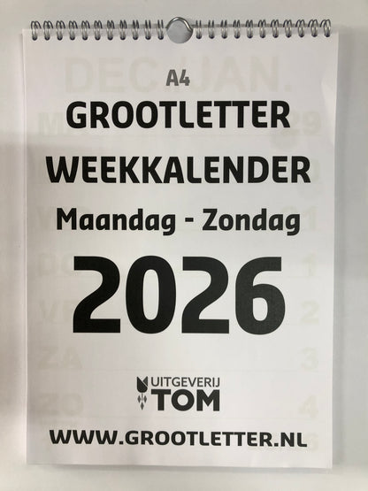 A4 Grootletter Weekkalender Maandag - Zondag 2026