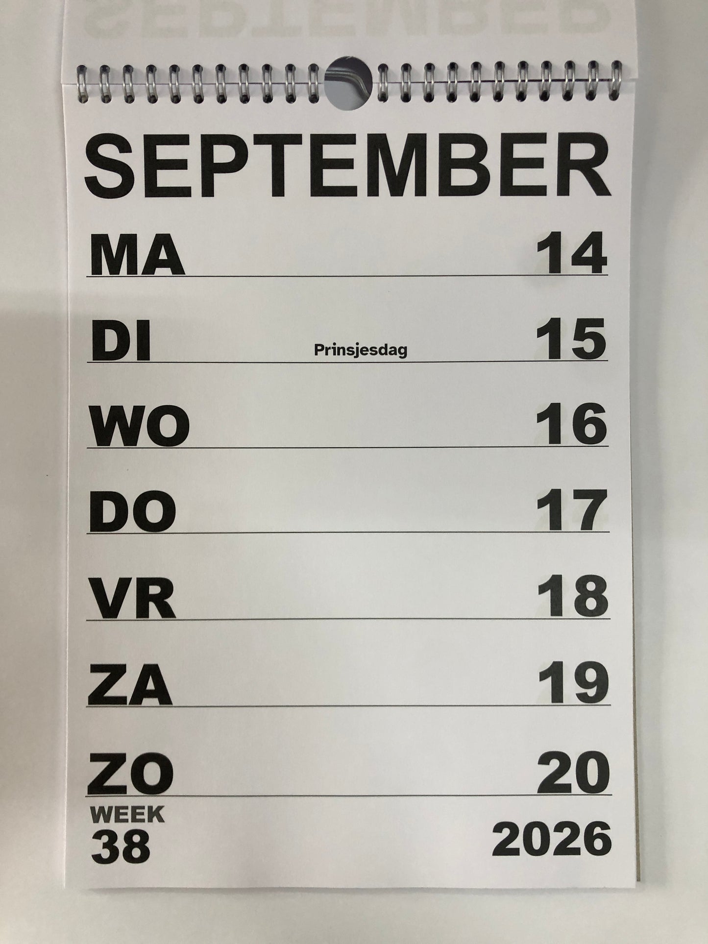 A4 Grootletter Weekkalender Maandag - Zondag 2025 en 2026