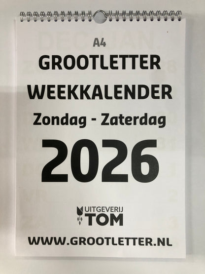 A4 Grootletter Weekkalender Zondag - Zaterdag 2026